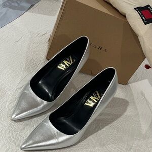 Zara leather Metallic Silver Heels